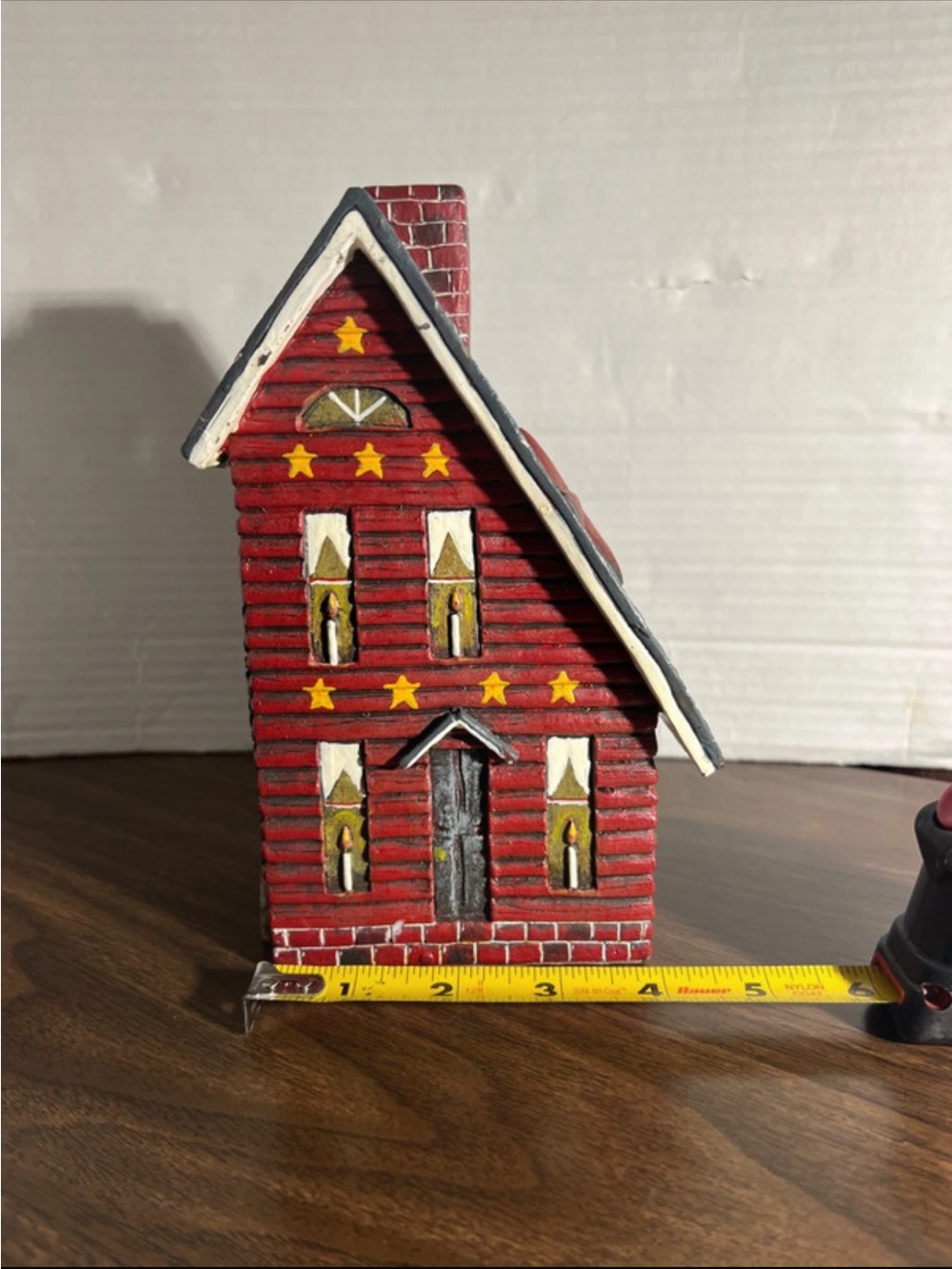 Red Decorative Wooden House Figurine with Star Accents